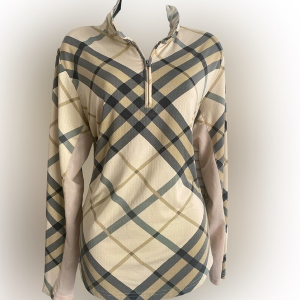 San Soleil UPF 50 Quarter Zip - L tan brown plaid , nylon spandex